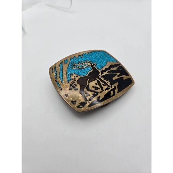 Vintage Brass Turquoise Chip Deer Buck Belt Buckle - Picture 3 of 4